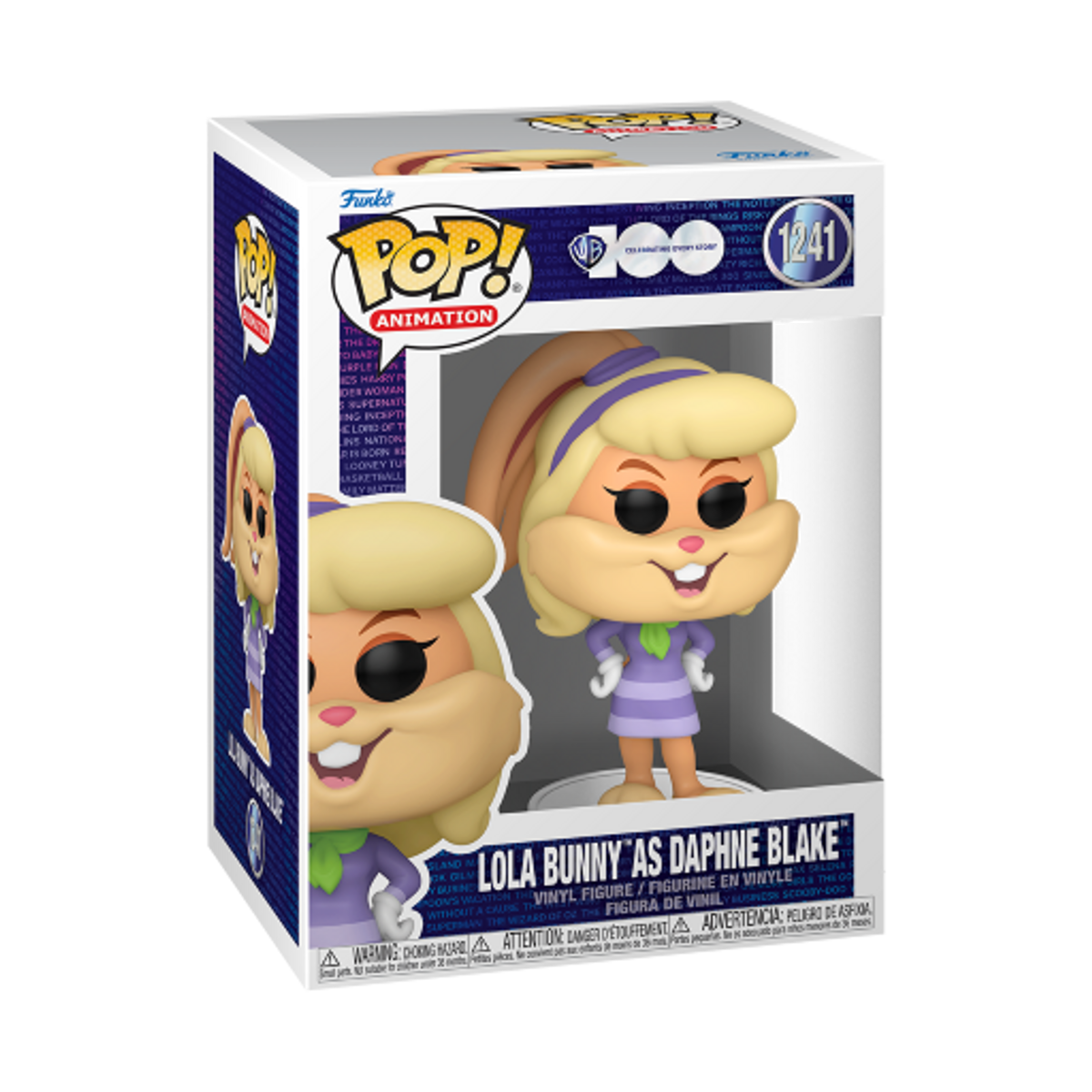 Lola Bunny come Daphne Blake Funko Pop in una scatola. La scatola ha un design a cartoni animati.