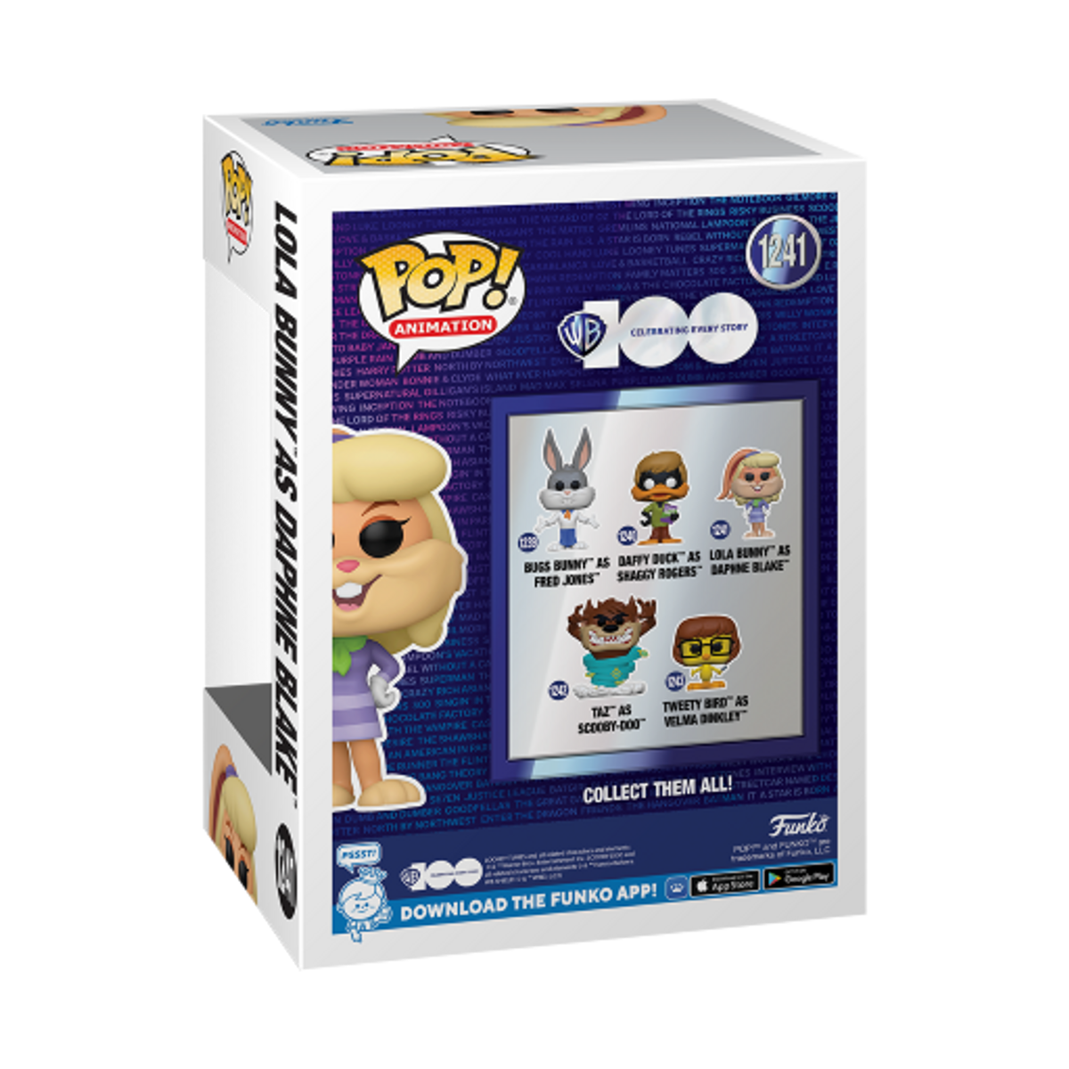 Una scatola Funko Pop di Lola Bunny come Daphne Blake, con personaggi sul retro.