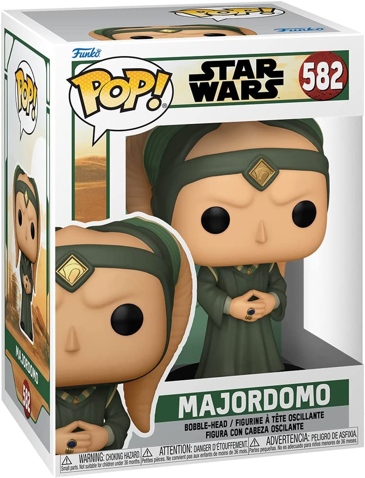 Una figura Funko Pop de un personaje de Star Wars, Majordomo, en una caja. La figura está vestida de verde.