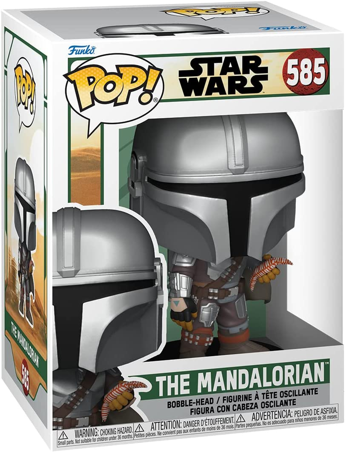 Mandalorian Funko Pop Figur in einer Box. Die Figur hat einen silbernen Helm und einen Blaster. Die Box zeigt Bilder des Charakters.