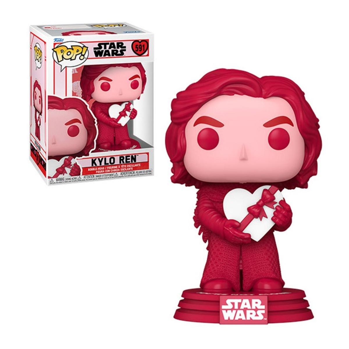 Una figura Funko Pop de Kylo Ren rojo sosteniendo una caja de regalo en forma de corazón sobre fondo blanco.