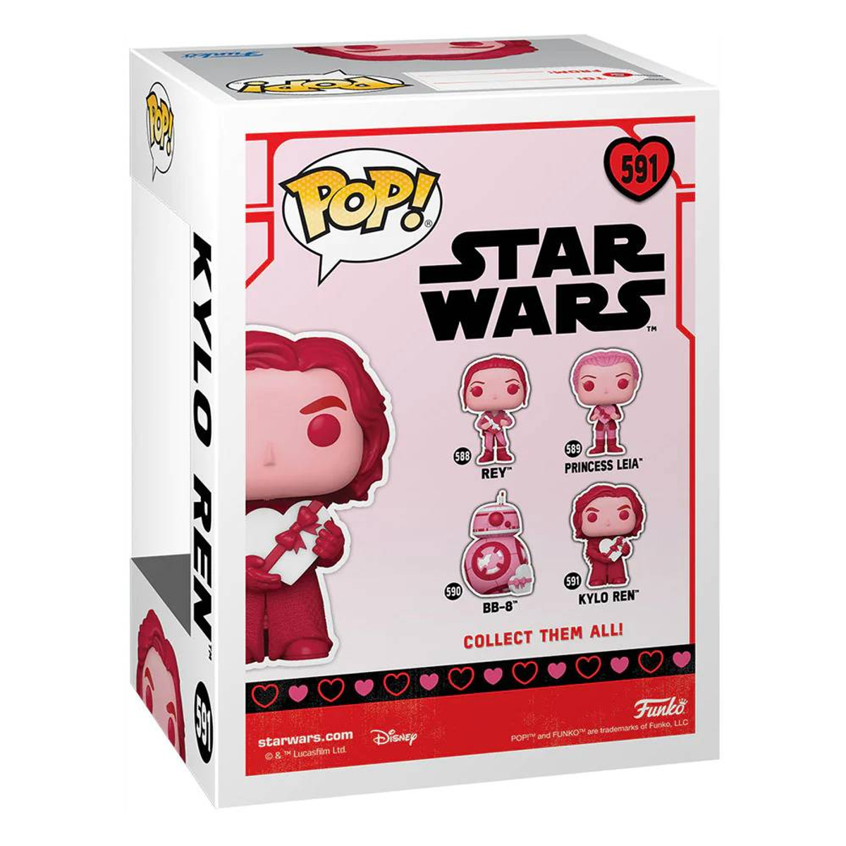 Una caja de Funko Pop con Kylo Ren sosteniendo un corazón. Otros personajes de Star Wars también aparecen.