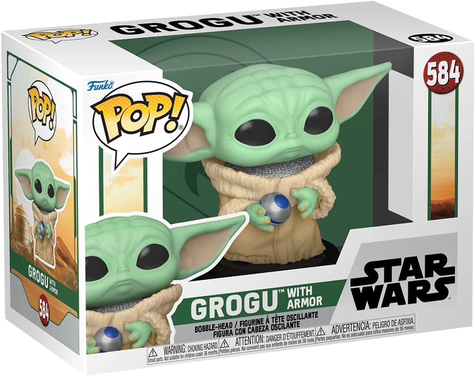 Grogu Funko Pop Figur in einer Box. Grogu ist grün mit einem beigen Gewand und hält einen blauen Ball.