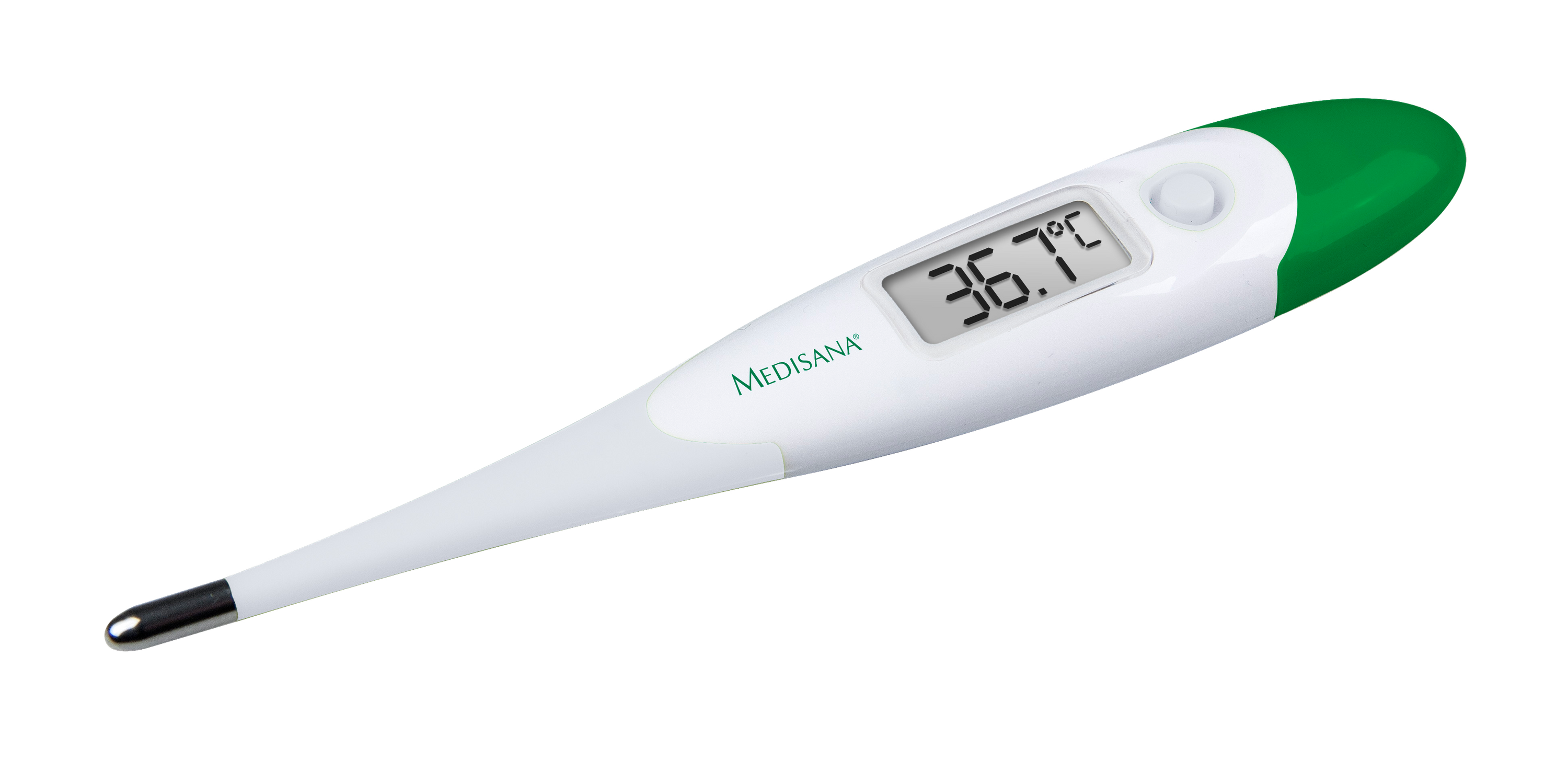 Biały i zielony termometr cyfrowy. Wyświetlacz pokazuje 36,7 stopni Celsjusza, z marką Medisana.