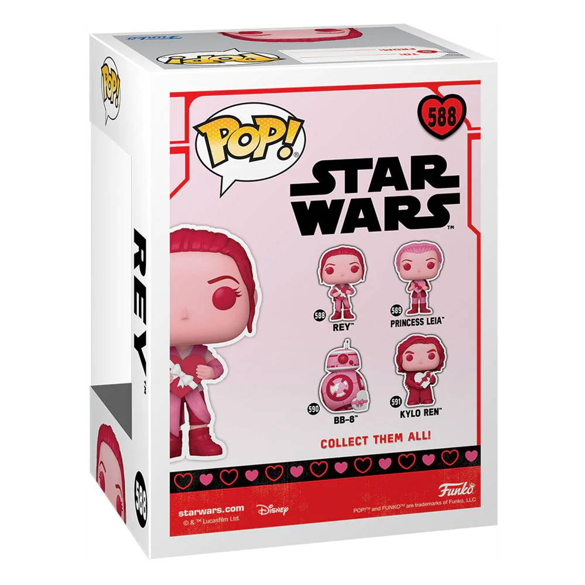 Una scatola Funko Pop! Star Wars con le figure di Rey, Leia, BB-8 e Kylo Ren. La scatola è rosa e bianca.