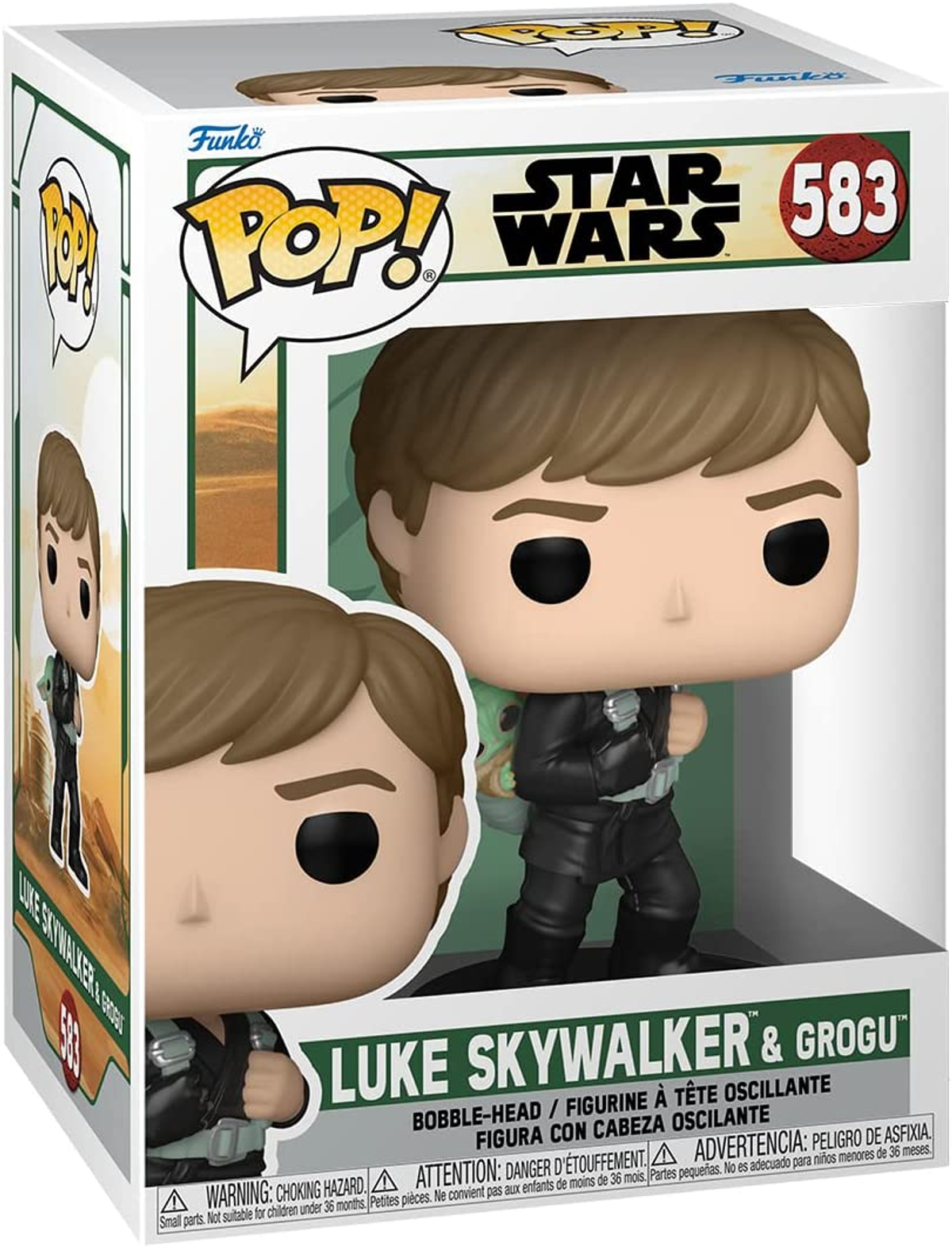 Eine Funko Pop-Box mit Luke Skywalker und Grogu Figuren, mit dem Star Wars Logo sichtbar.