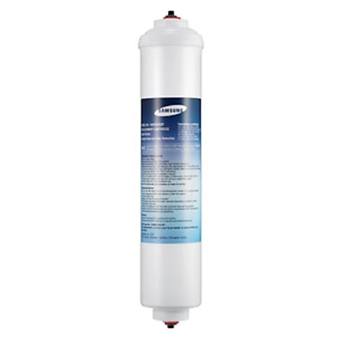 Weißer Wasserfilter mit blauem Etikett und schwarzem Text. Zylindrische Form.