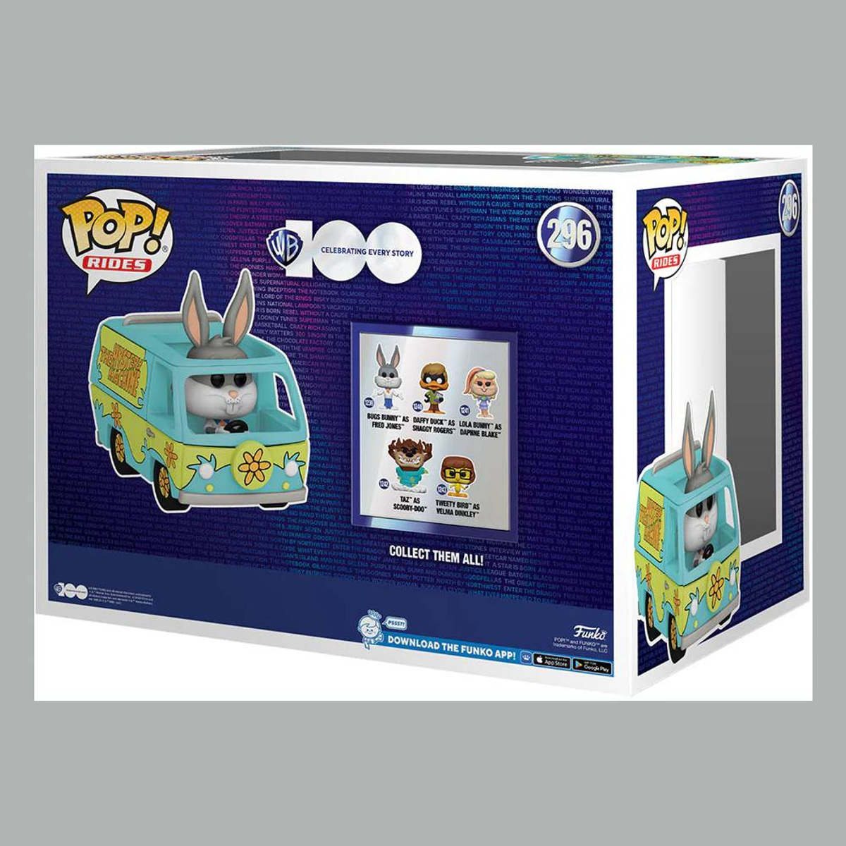 Retro di una scatola Funko Pop con Bugs Bunny in un furgone, con altri personaggi dei cartoni animati. Sfondo bianco.