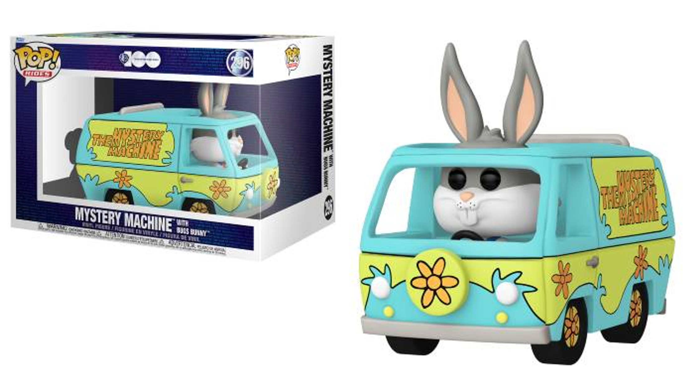 Funko Pop! Mystery Machine con personaggio di Bugs Bunny. Furgone turchese/giallo. La scatola mostra il furgone e il personaggio.