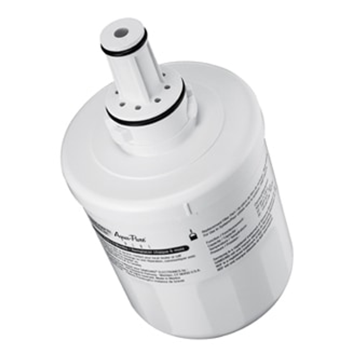 Weißer Wasserfilter mit schwarzen Details, abgewinkelt auf weißem Hintergrund.
