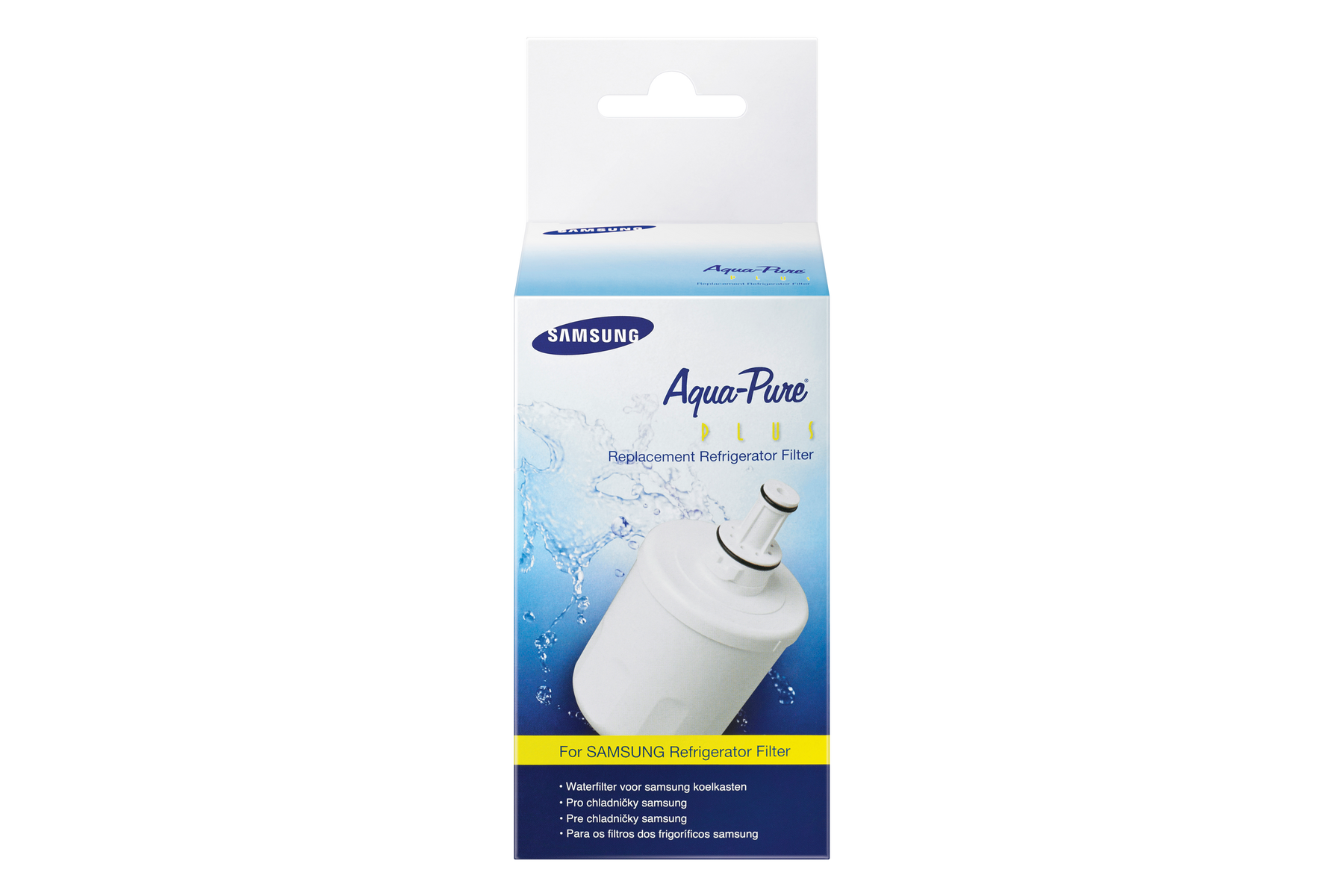 Ein weißer Samsung-Kühlschrankfilter in einer blau-weißen Schachtel. Die Schachtel trägt Produktname und Logo.