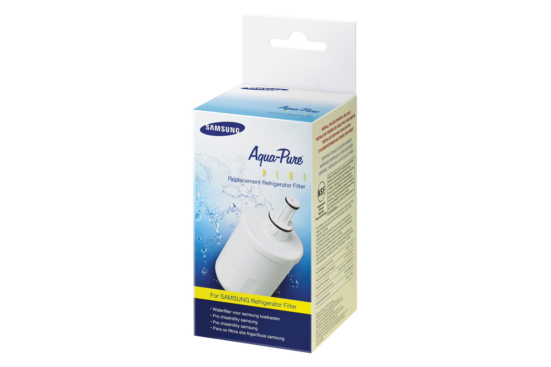 Weiß-gelbe Schachtel eines Samsung Aqua-Pure Kühlschrankfilters. Text und Filterbild sichtbar.