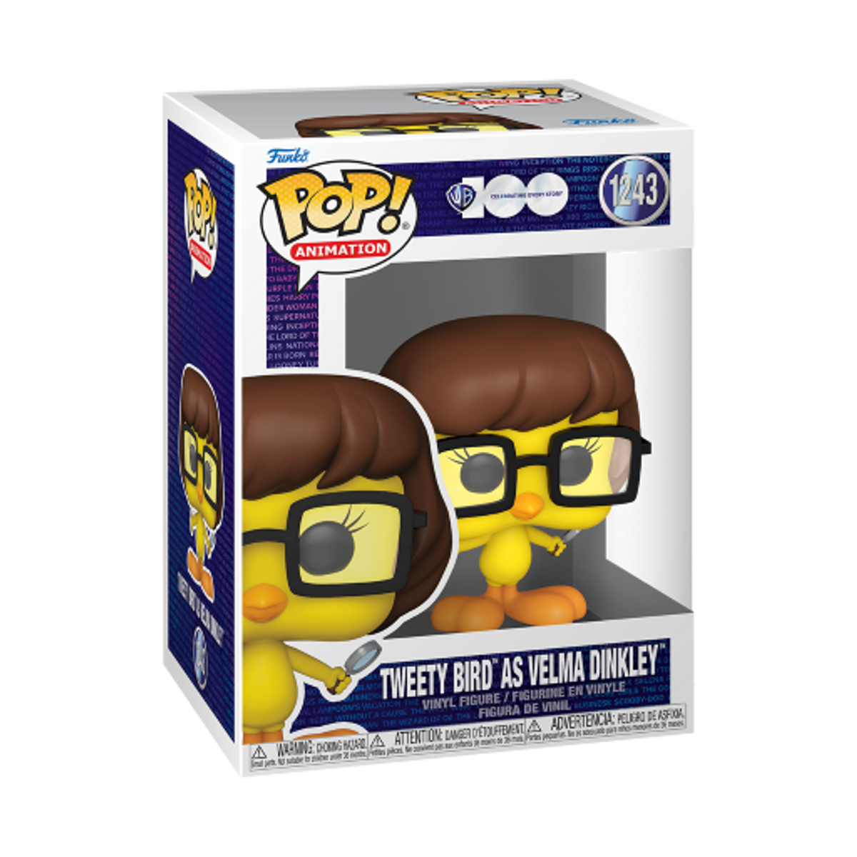 Figura Funko Pop di Tweety Bird come Velma Dinkley in una scatola. Tweety indossa occhiali e una parrucca marrone.