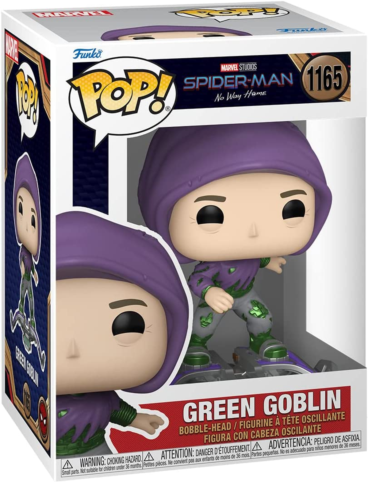 Una scatola Funko Pop con l'Uomo Ragno Green Goblin, con una figura con cappuccio viola.