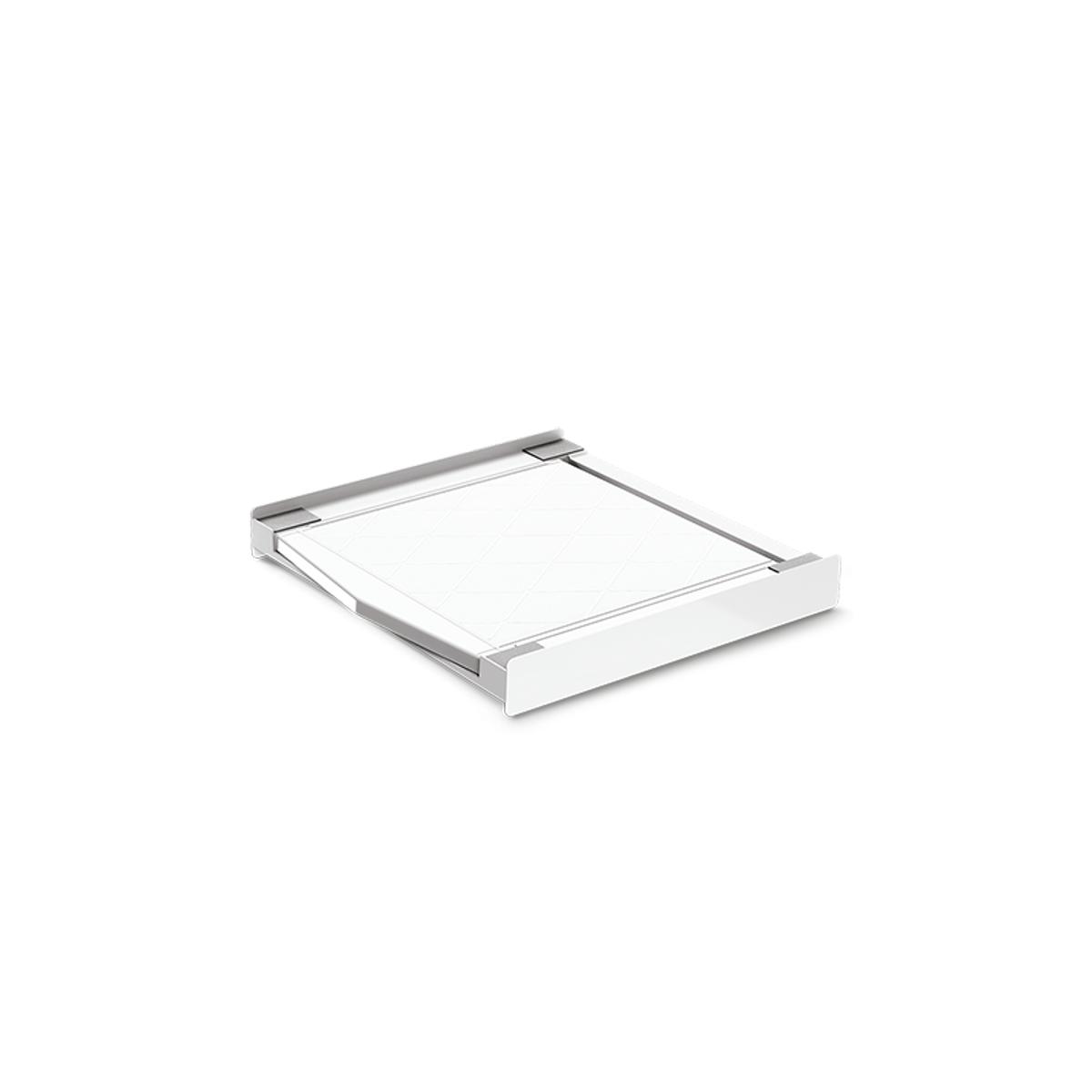 Un cajón de lavadora rectangular blanco sobre una superficie negra con fondo blanco.