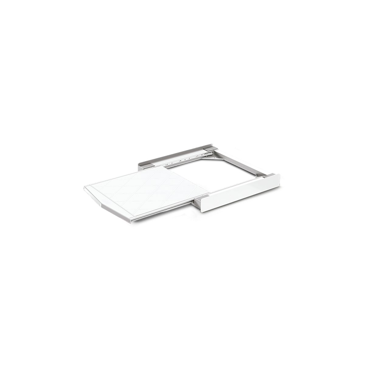 Se muestra un estante extraíble blanco sobre un fondo negro.