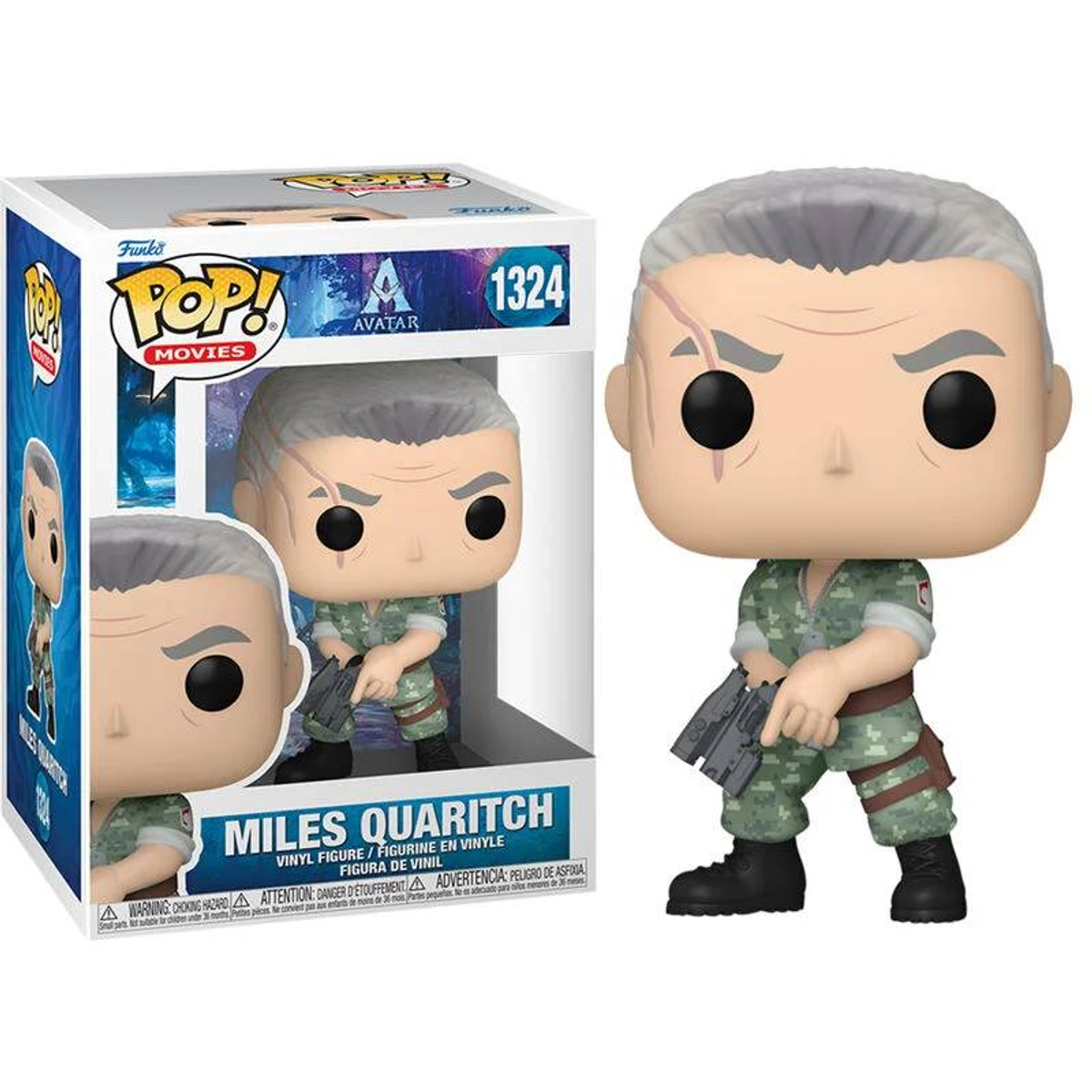 Figura Funko Pop di Miles Quaritch da Avatar. La scatola e la figura sono visibili. Sfondo bianco.