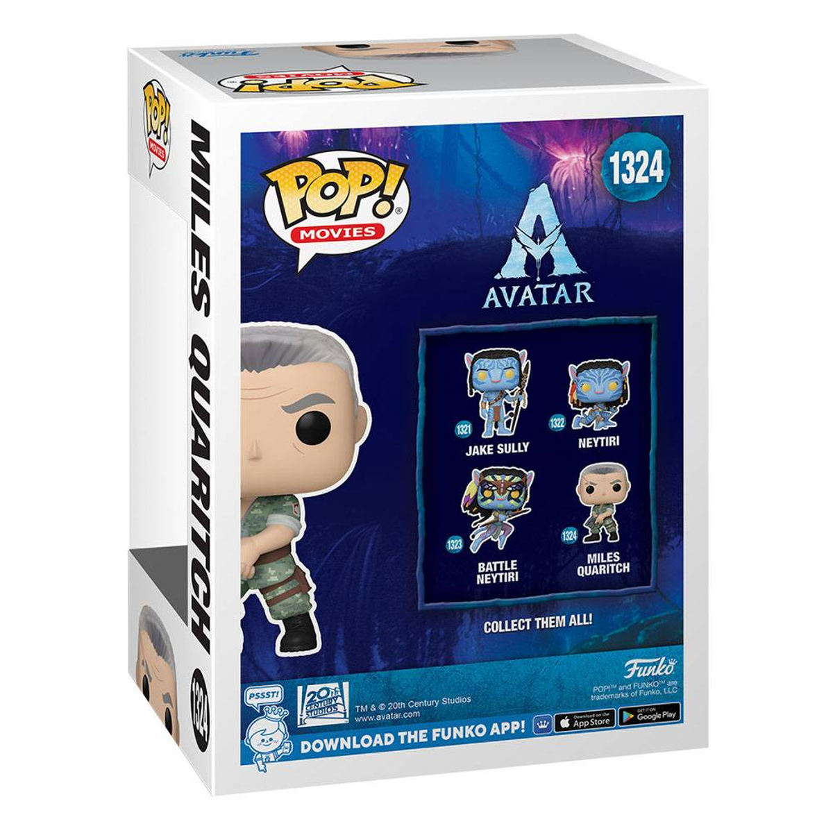 Retro di una scatola Funko Pop, personaggi del film Avatar, Miles Quaritch.