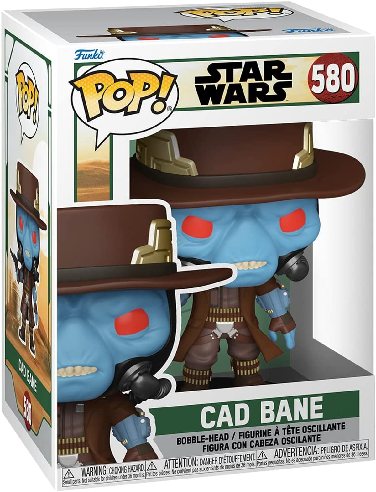 Figura de Cad Bane Funko Pop en una caja, que muestra la figura y los detalles de la caja.