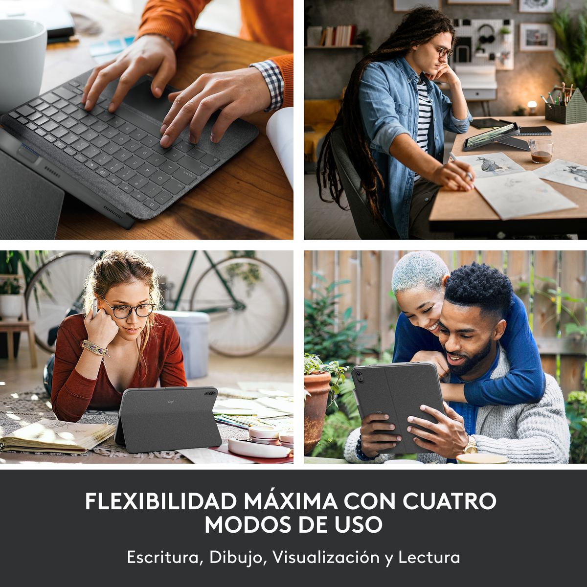 Cztery obrazy prezentujące różne zastosowania tabletu z klawiaturą. Ludzie pracują i relaksują się z tabletem.
