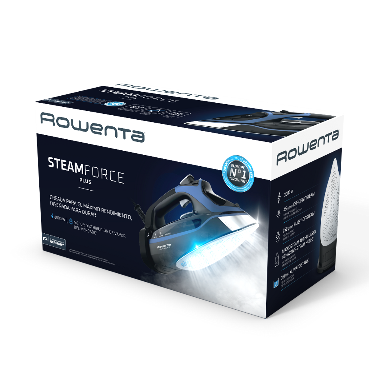 Weißer Hintergrund. Blaues und graues Bügeleisen. Box mit Rowenta-Text. Steamforce Plus Modell.