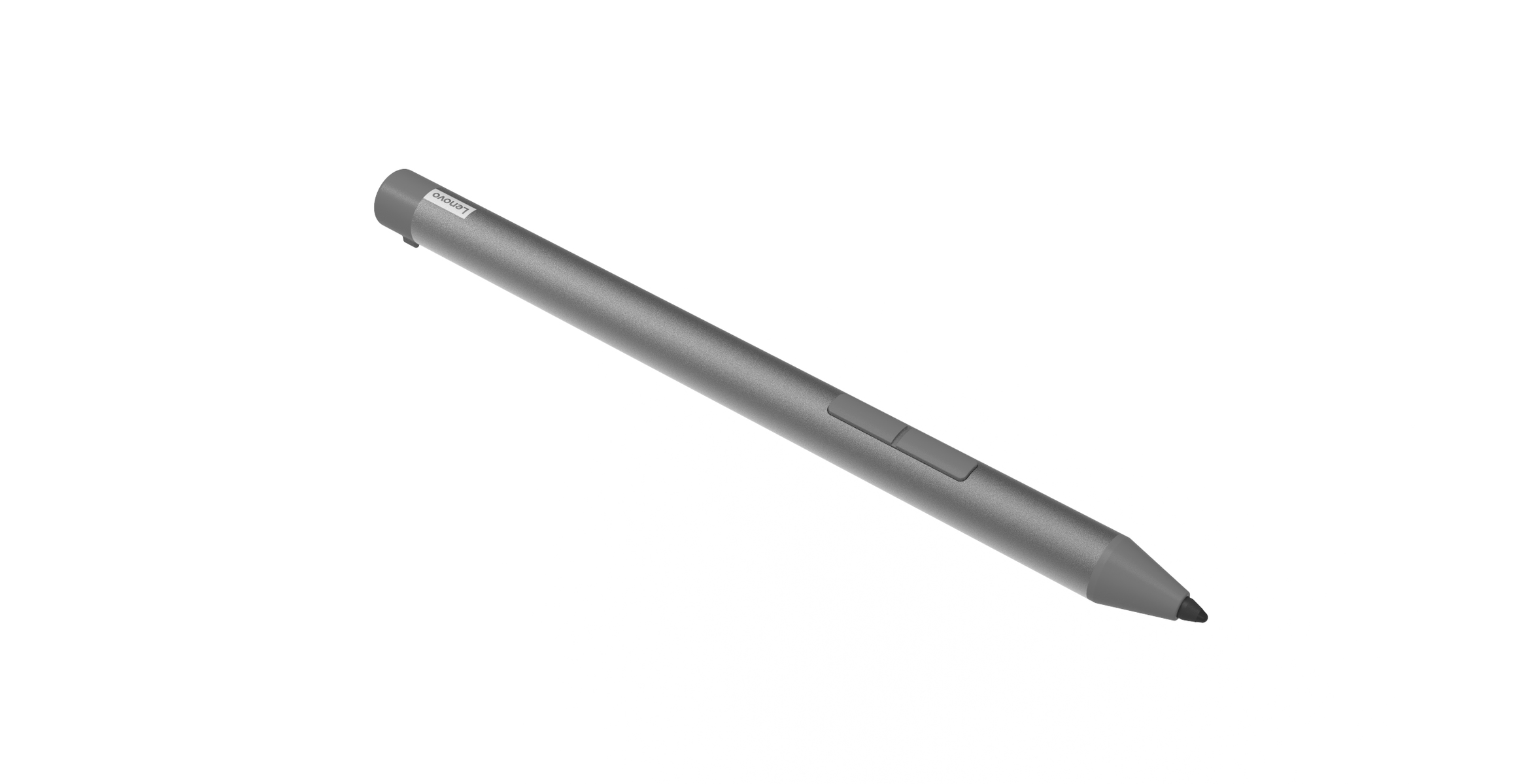 Una penna stilo digitale Lenovo grigia su sfondo bianco.