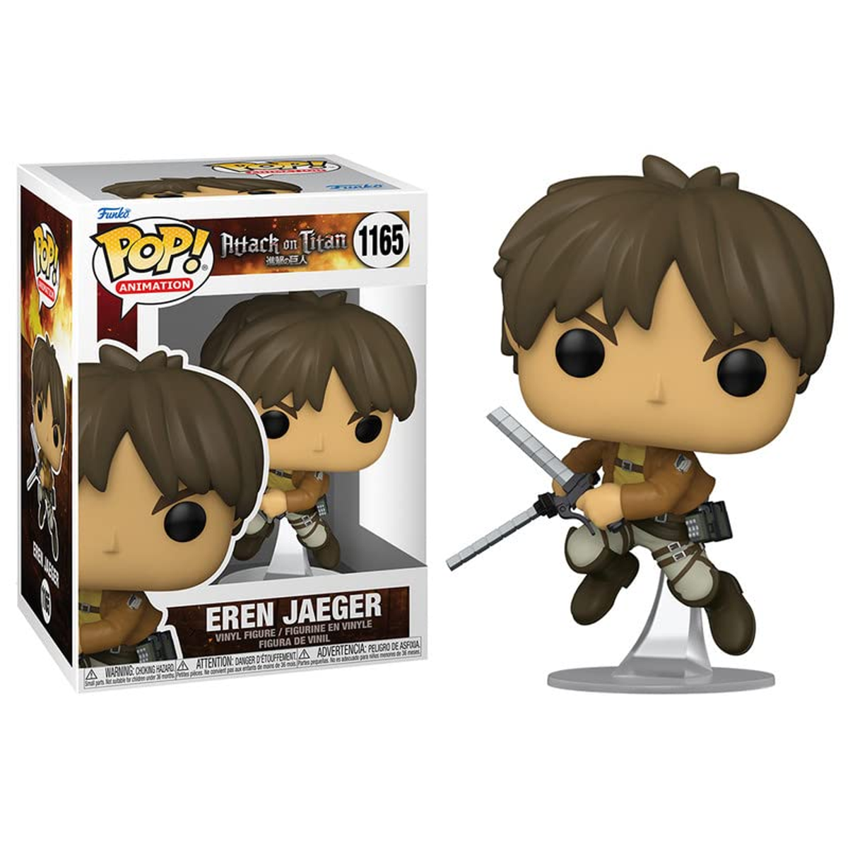 Figura Funko Pop di Eren Jaeger da Attack on Titan, con scatola e figura su bianco.
