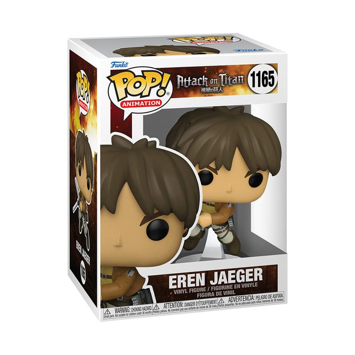Figura Funko Pop di Eren Jaeger in una scatola. Eren indossa la sua uniforme di Attack on Titan.