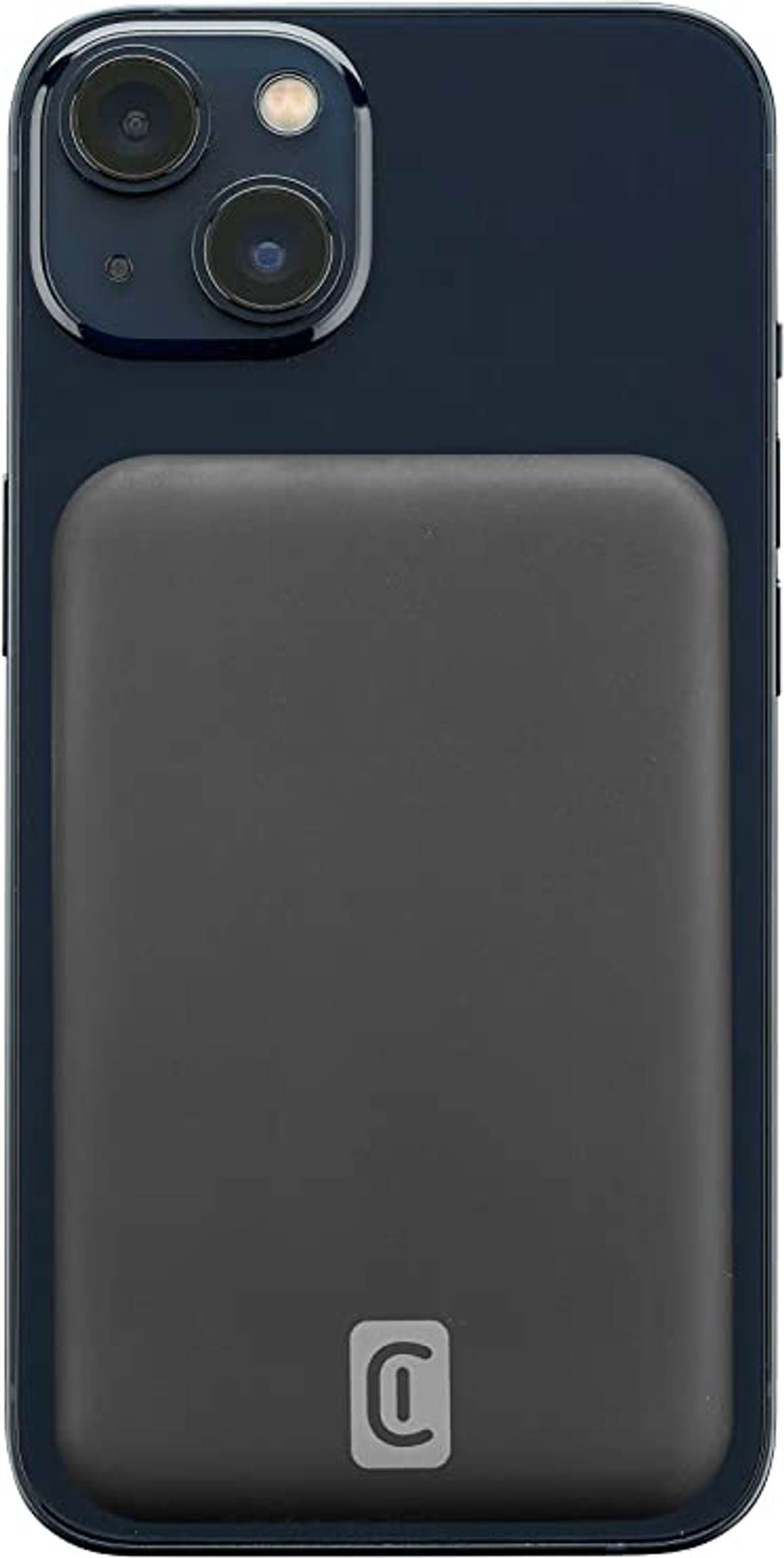 Un iPhone azul oscuro con una cubierta trasera negra, con cámaras duales y un cuadrado negro.
