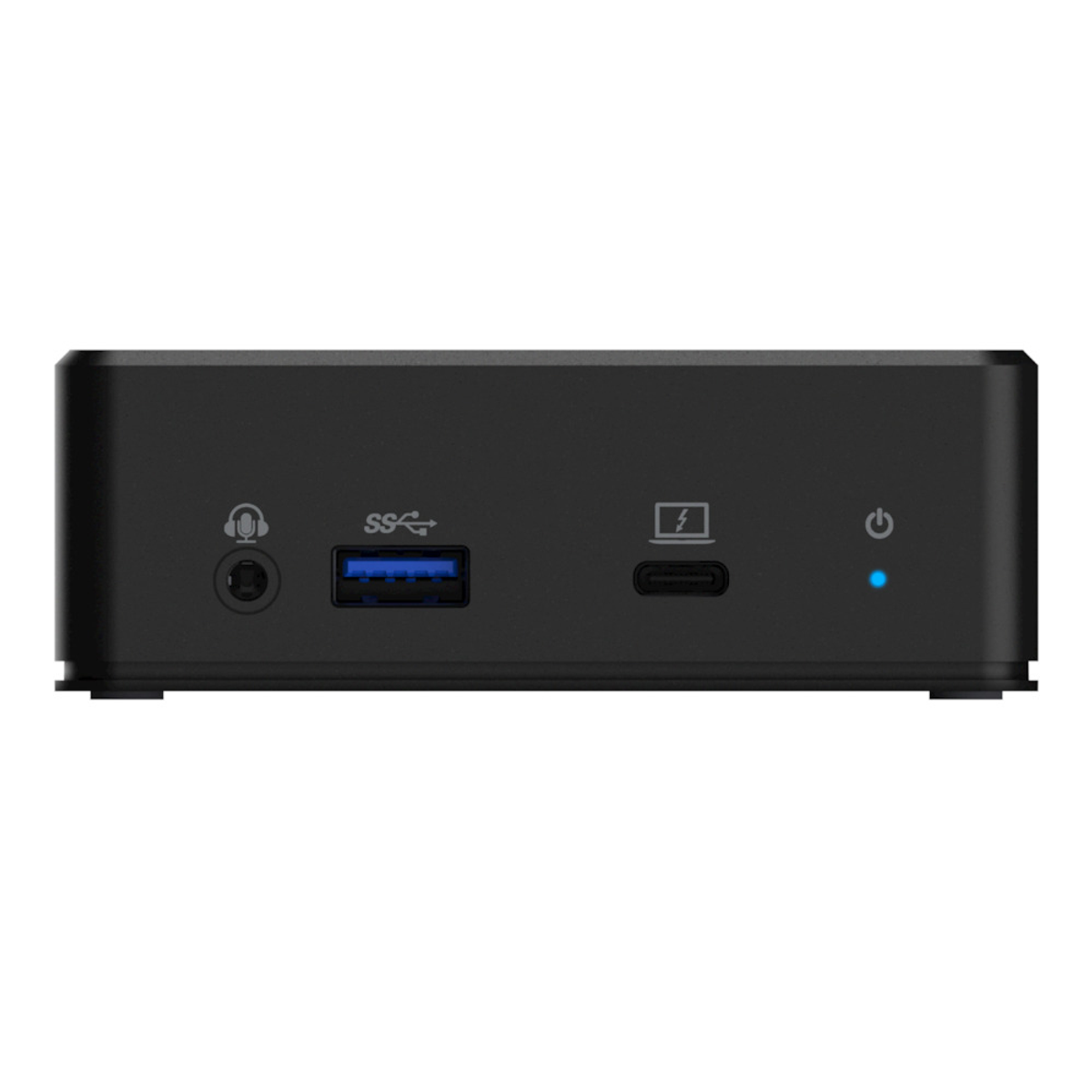 Eine schwarze Dockingstation mit Anschlüssen für Kopfhörer, USB und Display wird angezeigt.