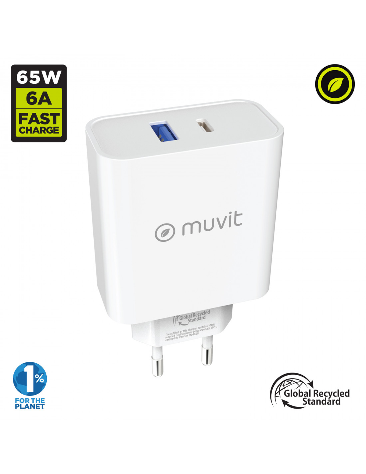 Un cargador de teléfono blanco con un puerto azul y USB-C, y un logotipo verde.