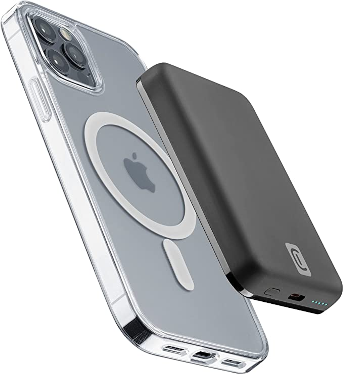 Un iPhone con una funda transparente y un banco de energía negro.