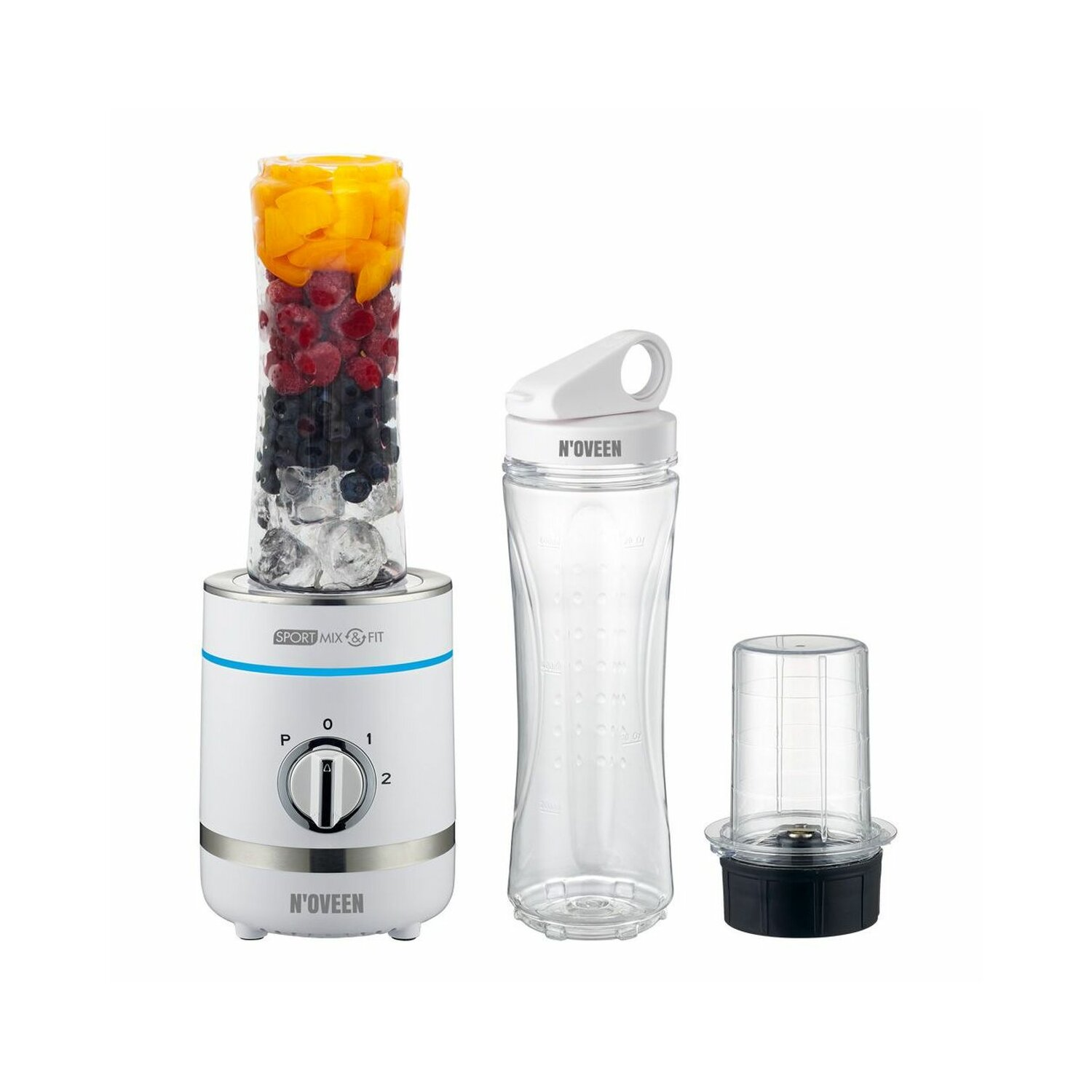 Biały i srebrny blender z pojemnikiem wypełnionym owocami. Obok butelka na wodę i kubek.