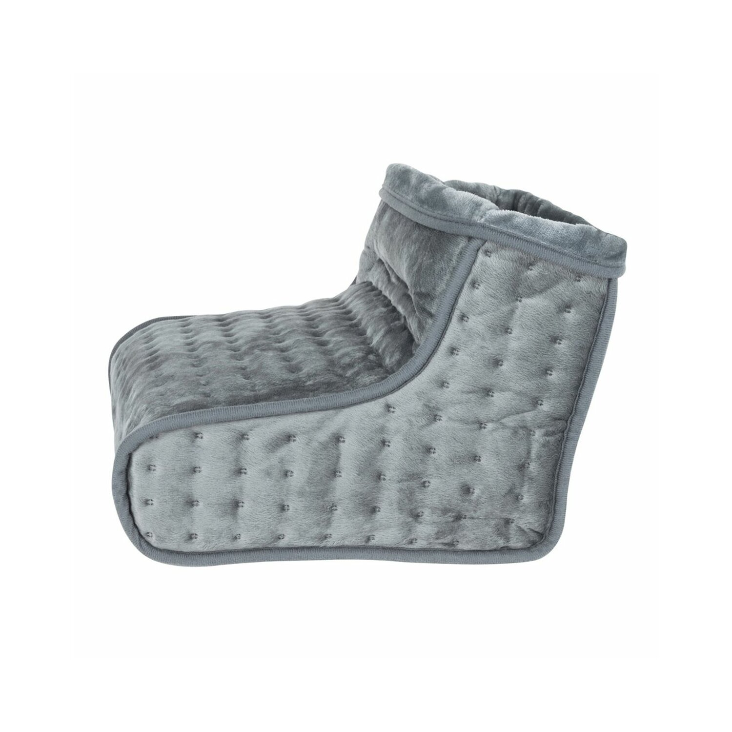 Szary podgrzewacz do stóp. Jest pikowany z miękkim, wyściełanym wnętrzem. Jest na białym tle.