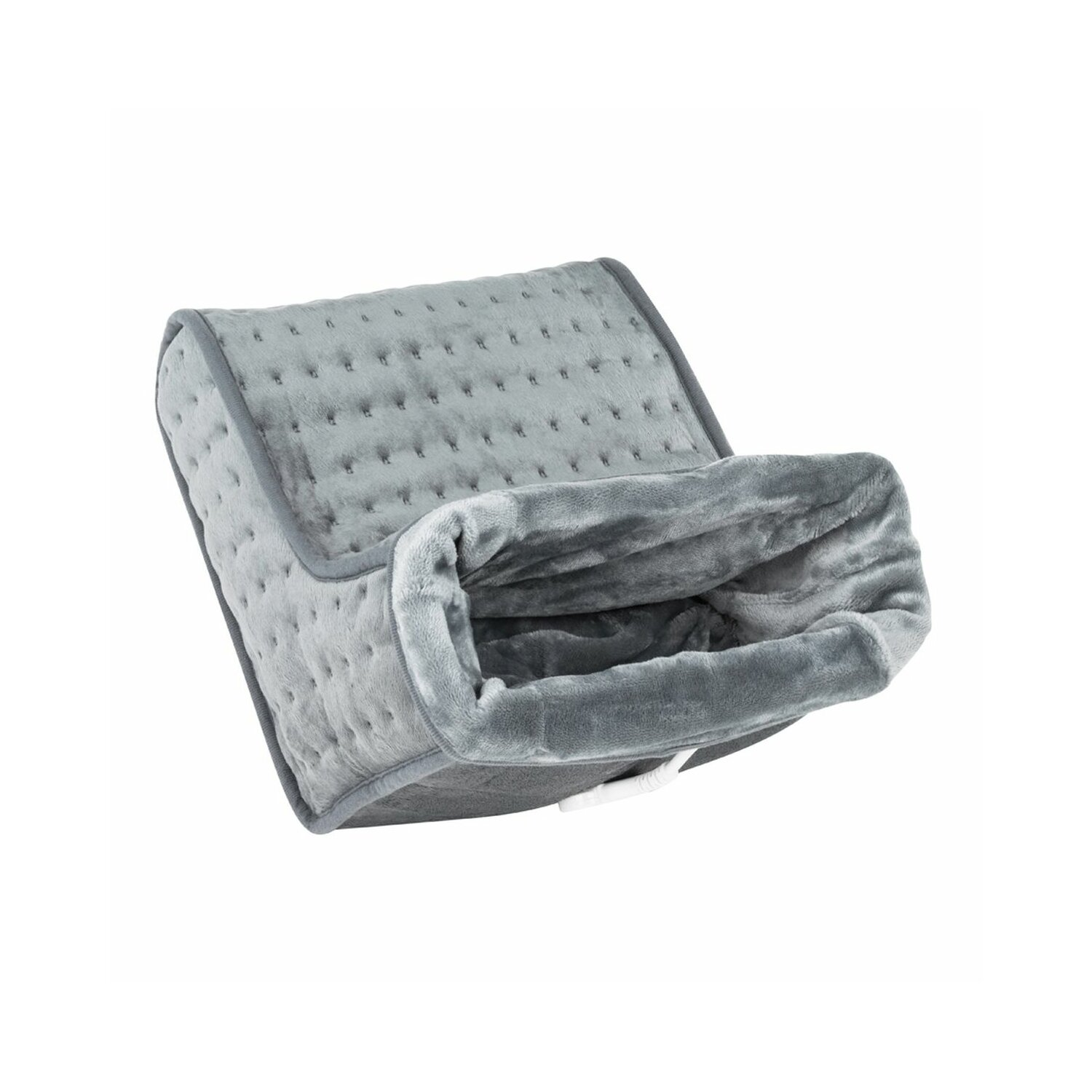 Szara poduszka grzewcza z kieszenią na białym tle.