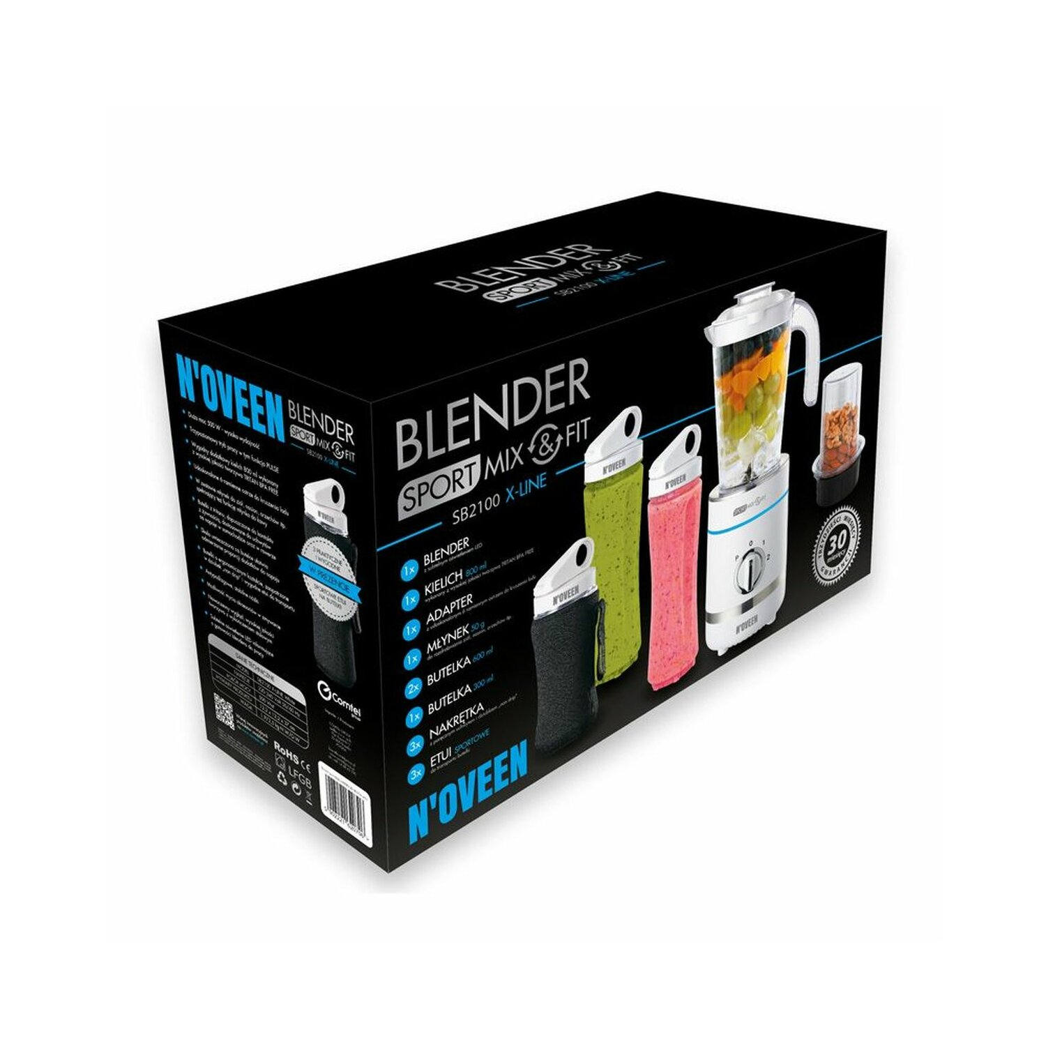 Pudełko produktu do blendera, ze zdjęciami blendera i akcesoriów, na białym tle.
