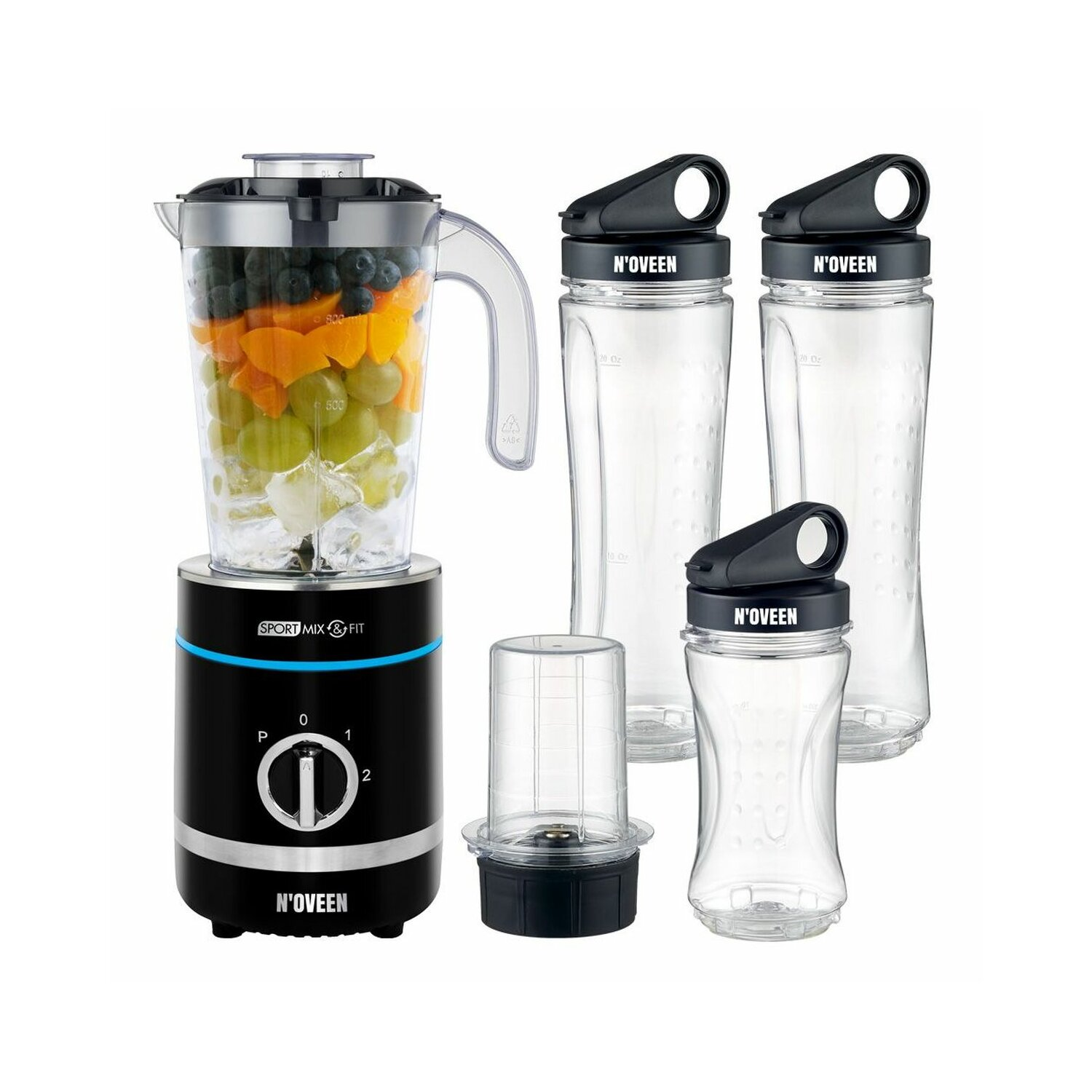 Czarny i srebrny blender z owocami w środku, wraz z trzema butelkami i kubkiem.