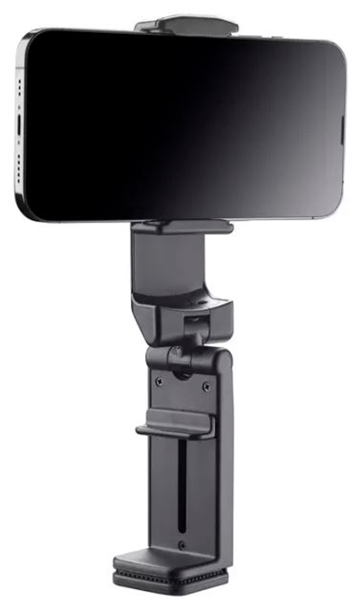 Supporto per telefono nero con un telefono. Il telefono è in posizione verticale.