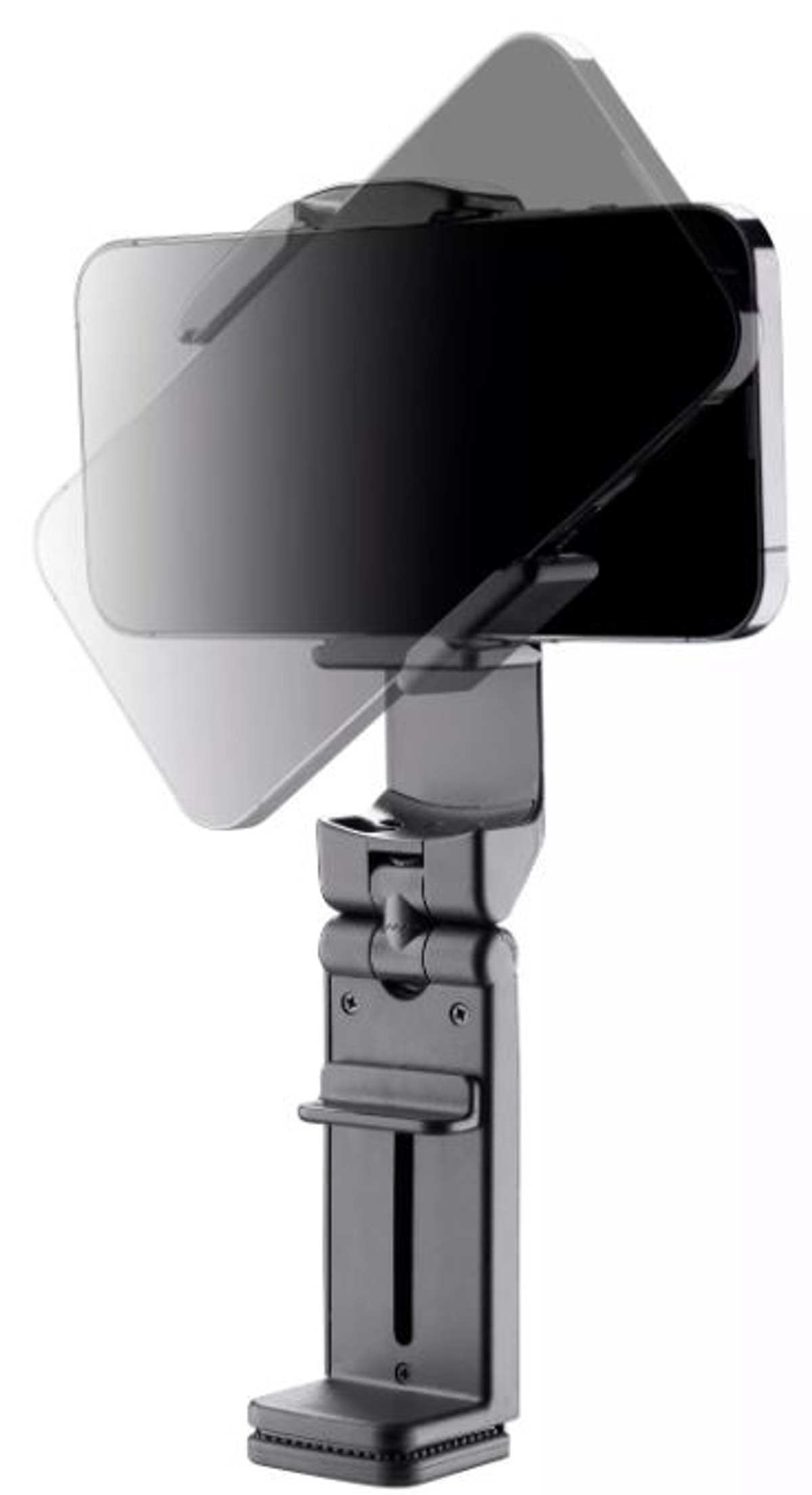 Supporto per cellulare con telefono. Sfondo bianco. Vista angolata.
