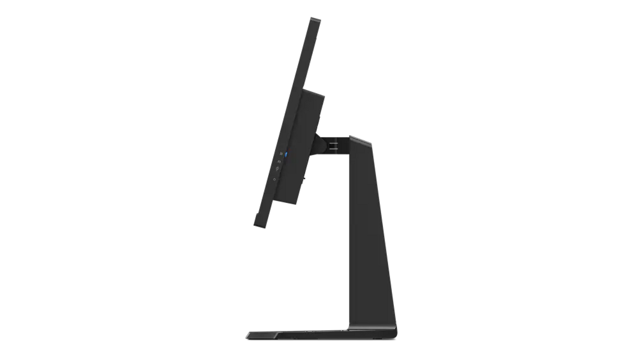 Czarny monitor komputera z boku, pokazujący ekran i podstawę.