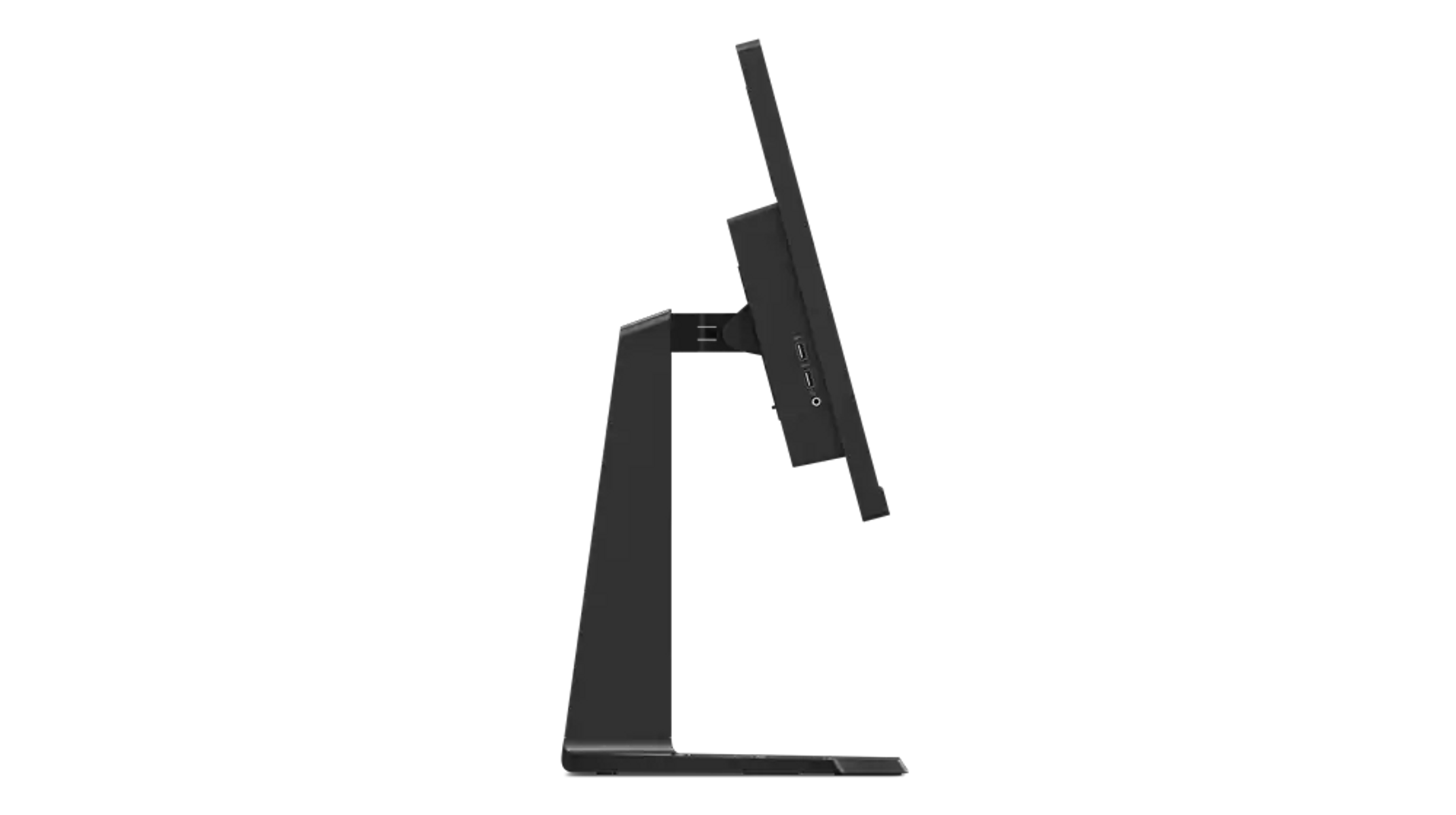 Czarny monitor komputera widziany z boku, z czarną podstawą i kilkoma portami z boku.