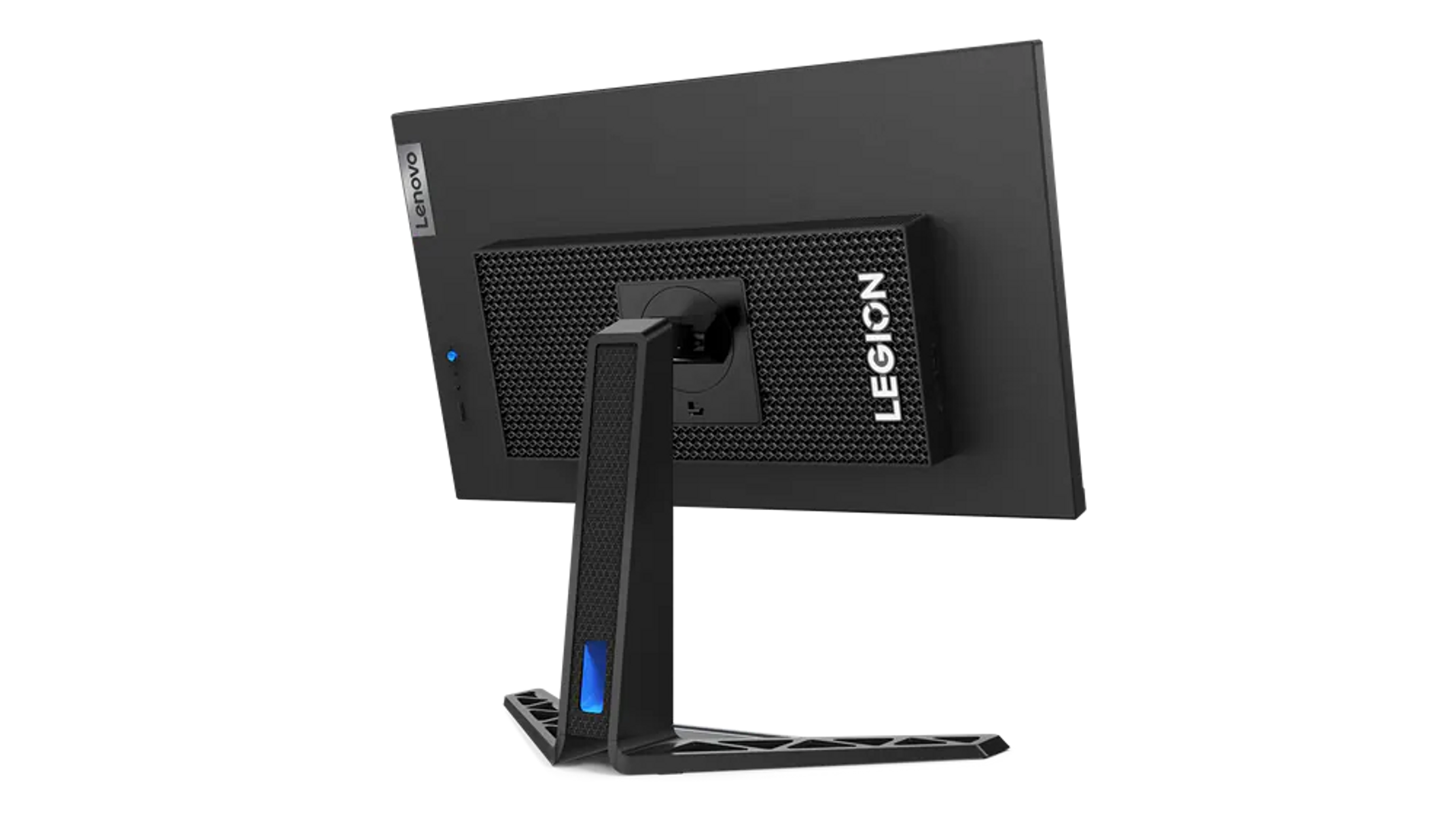 Tył czarnego monitora Lenovo Legion. Widoczne logo Legion i stojak. Czarne tło.