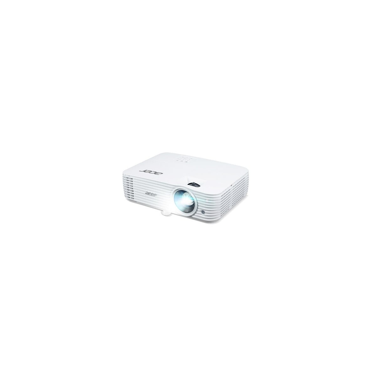 Proiettore Acer bianco con luce blu. È su sfondo bianco.