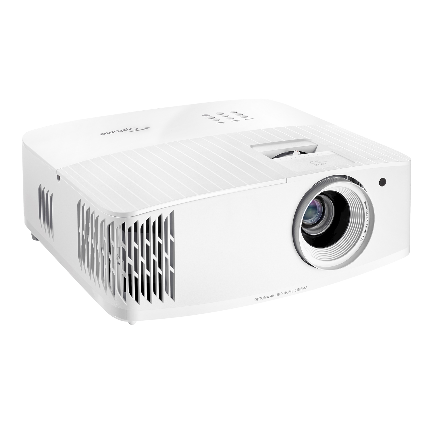 Proiettore Optoma bianco con lente e ventilazione laterale.