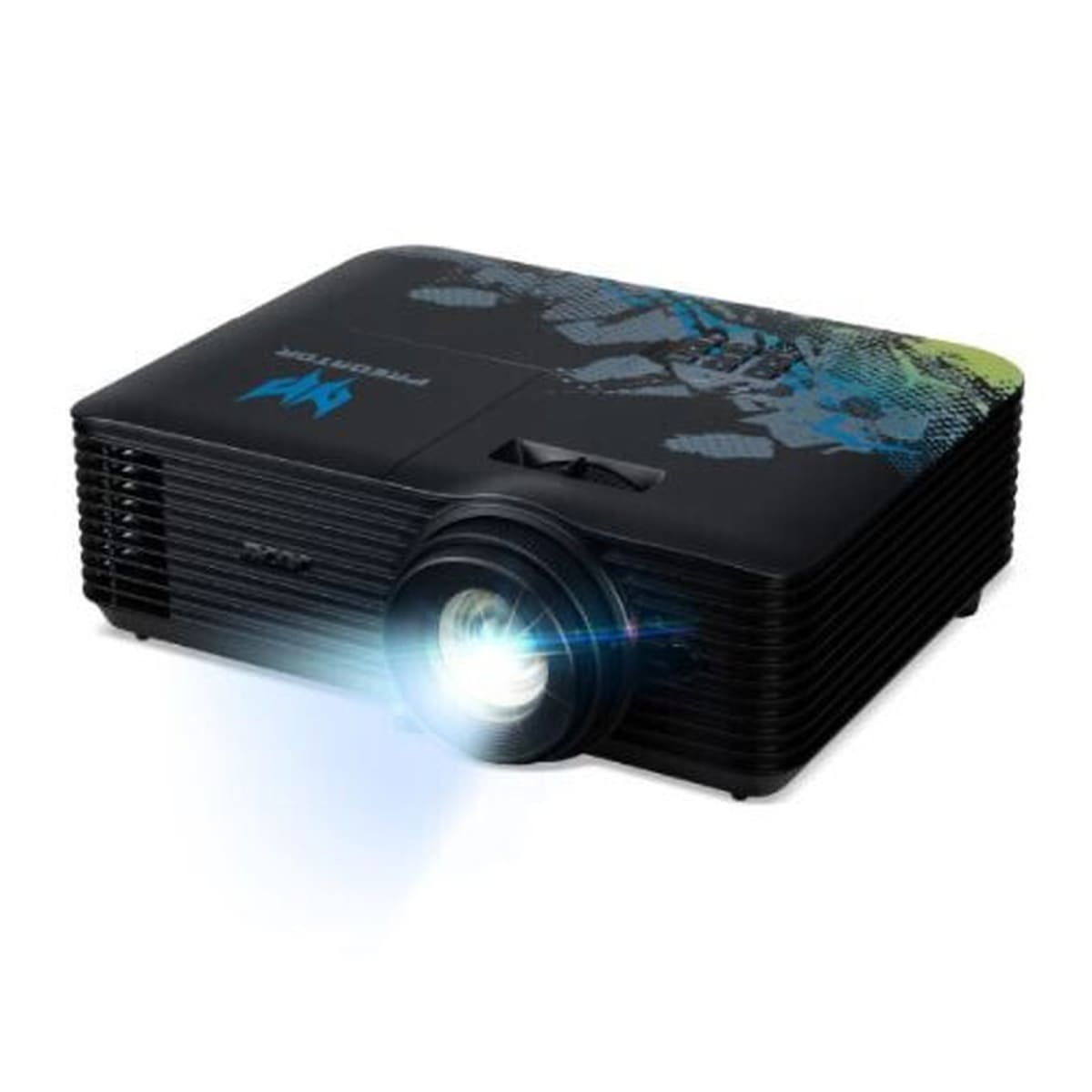 Proyector negro con logo azul y lente. Emite un haz de luz azul brillante.