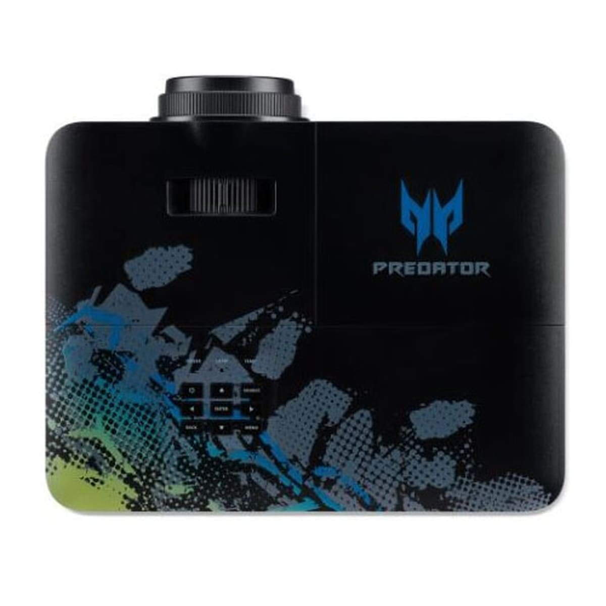 Proyector negro con logo azul 'PREDATOR' y fondo blanco.
