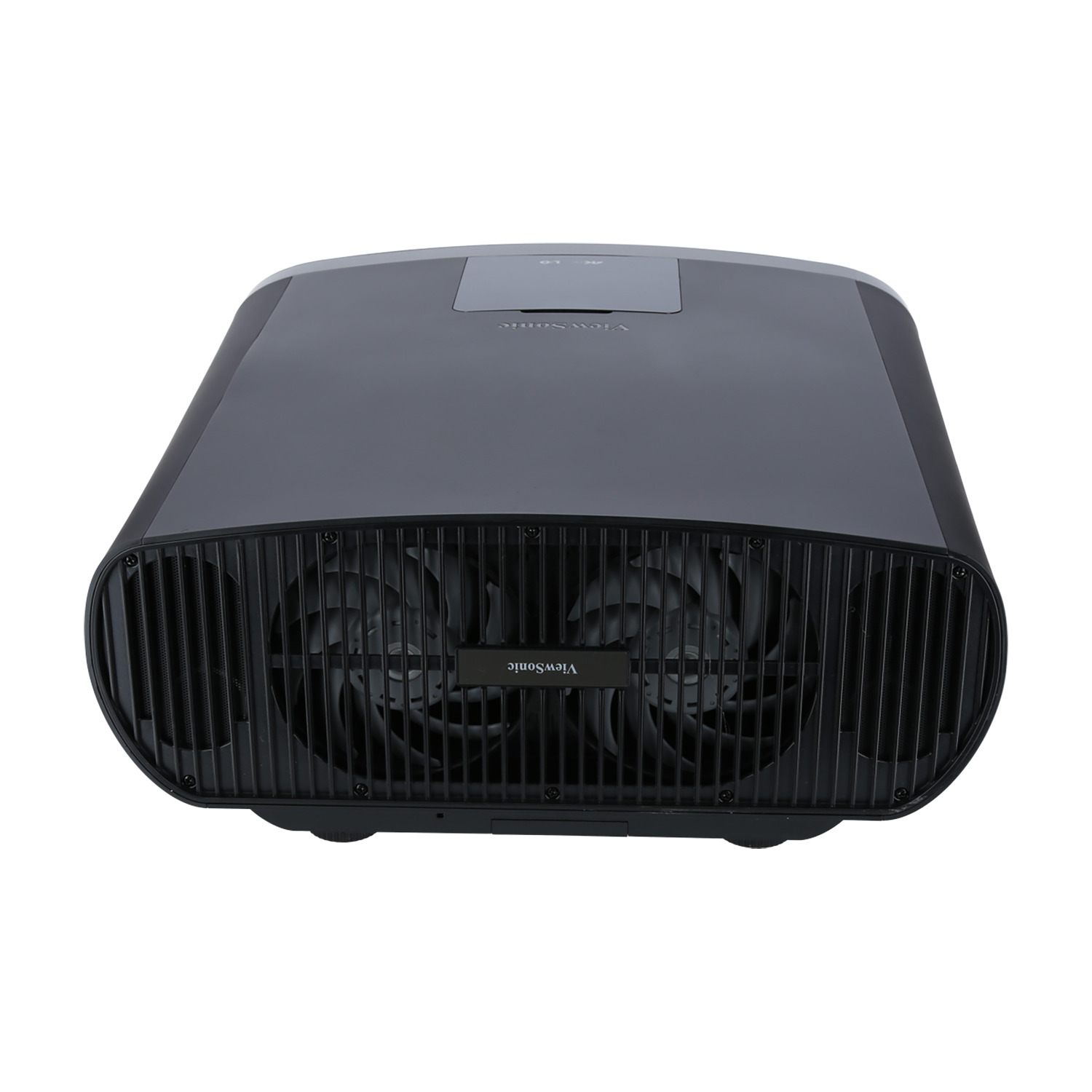 Un proiettore nero con doppie ventole, sfondo bianco e un logo ViewSonic.