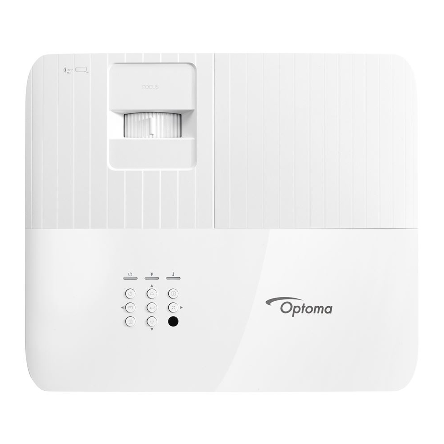 Biały projektor Optoma z przyciskami, obiektywem i nazwą marki z przodu.