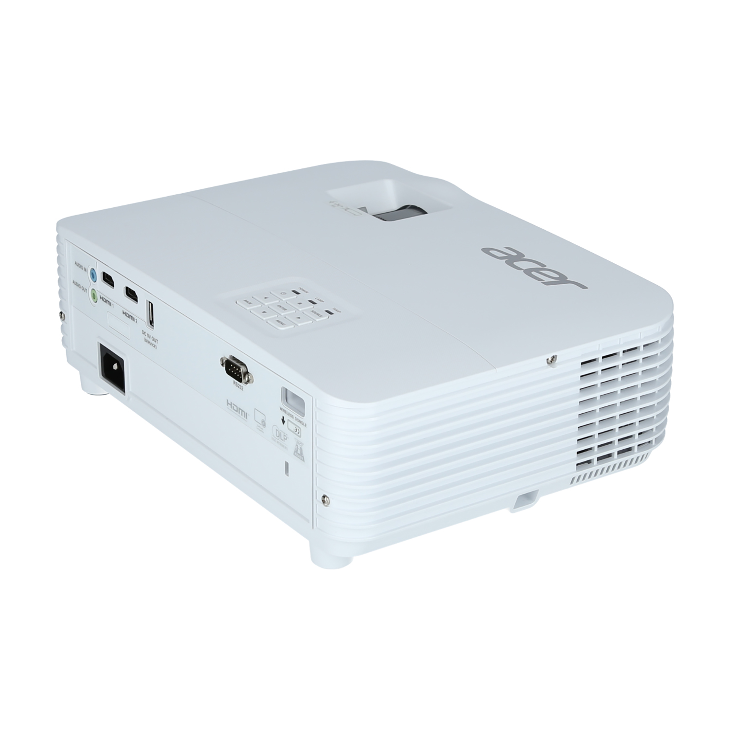 Biały projektor Acer z wieloma portami, obiektywem i logo Acer na białym tle.