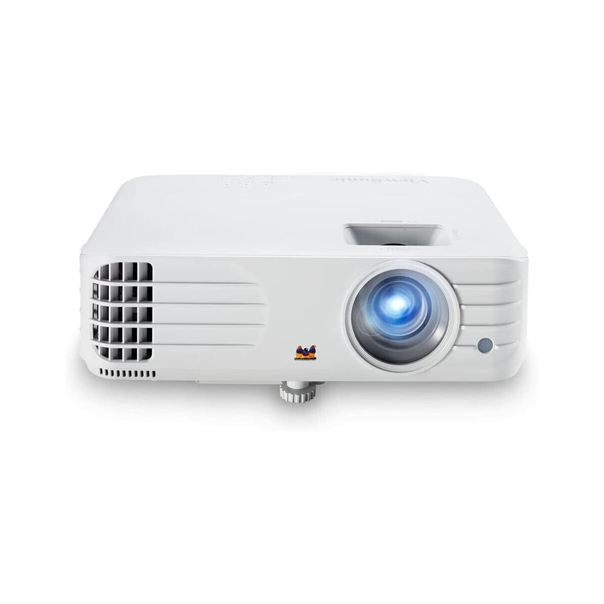 Un proyector ViewSonic blanco con una luz azul que se proyecta desde la lente, sobre un fondo blanco.